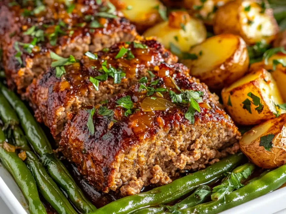Thick slices of browned beef meatloaf under a glossy dark ketchup glaze with parsley on a white sheet pan, beside roasted halved golden baby potatoes and tender green beans