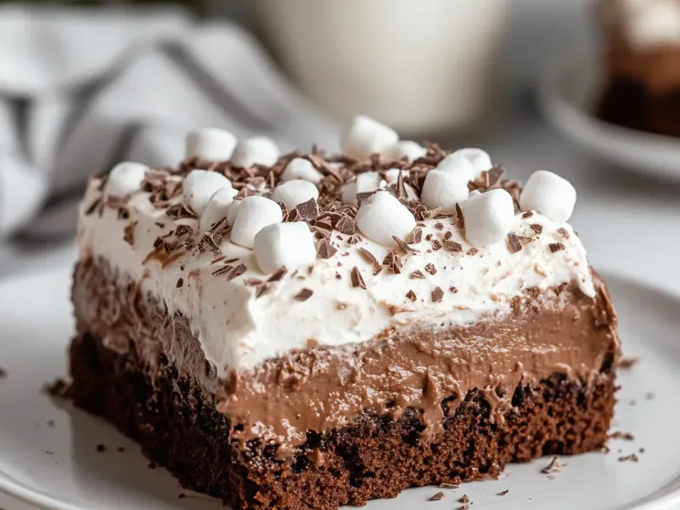 A square of dark chocolate cake under a thick chocolate pudding layer and a white whipped topping, finished with mini marshmallows and chocolate shavings
