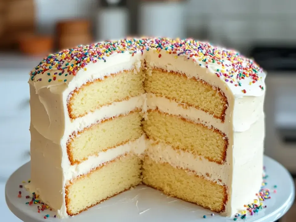 A cut three-layer pale vanilla cake on a white stand with thick ivory buttercream between the layers and rainbow sprinkles on top