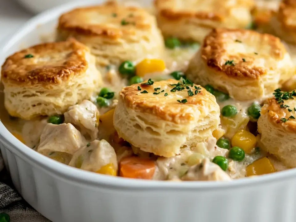 A white baking dish of chicken pot pie casserole with golden refrigerated biscuits baked over a creamy filling of chicken, peas and diced carrot