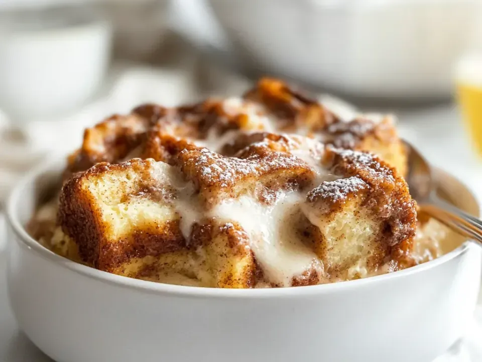 Cubed cinnamon roll bread pudding in a white bowl with heavy cinnamon-sugar swirls, dusted with icing sugar and running with a white glaze