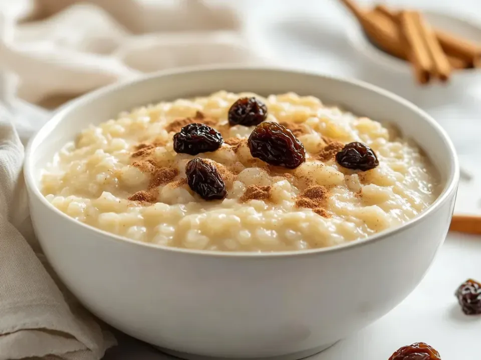 A white bowl of soft, creamy rice pudding with plump rice grains, topped with dark raisins and a sprinkle of ground cinnamon, cinnamon sticks behind
