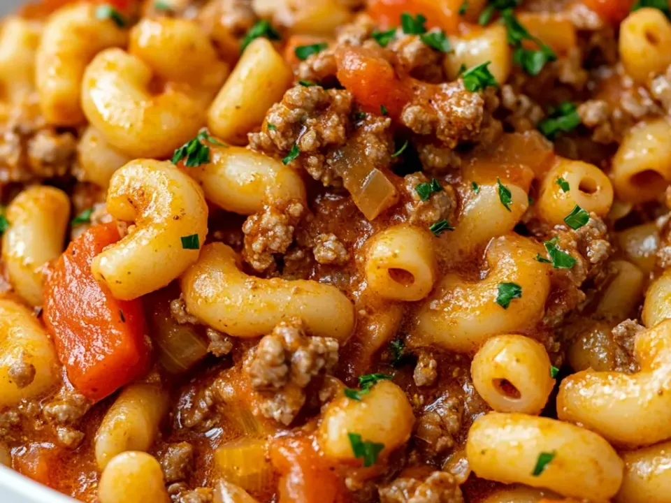A white bowl of elbow macaroni in tomato sauce with browned ground beef, diced tomato and onion, garnished with parsley