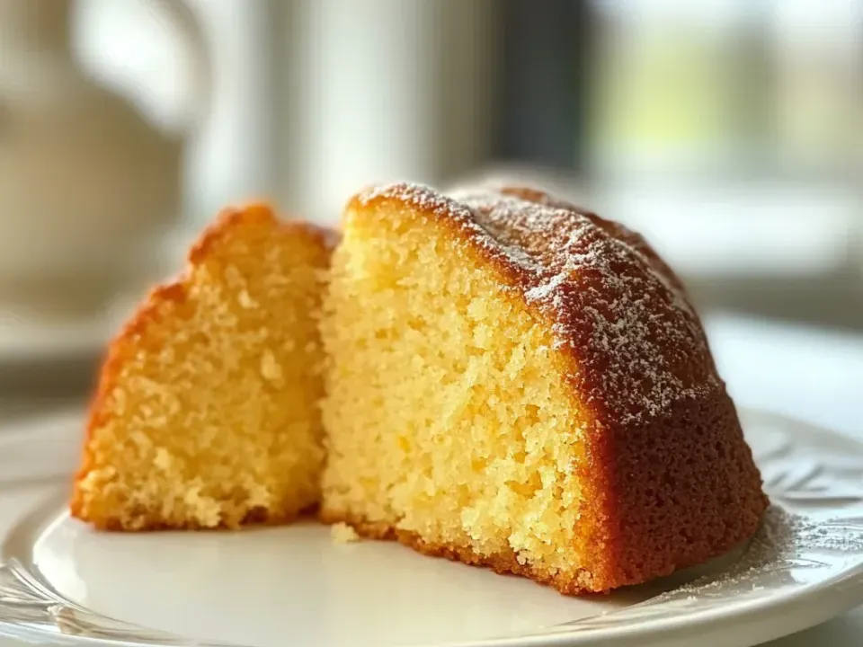 A thick cut wedge of dense golden gluten-free lemon pound cake with a deeply browned crust on a white plate, dusted with icing sugar
