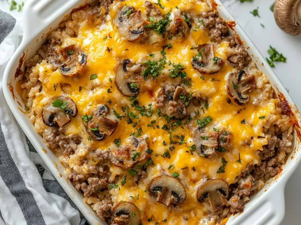 A white baking dish of ground beef and rice under melted cheddar with sliced browned cremini mushrooms across the top