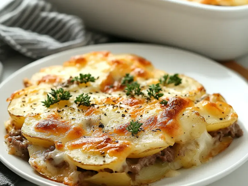 A cut portion of layered potato rounds with browned ground beef between them under a deeply browned blistered cheese top, on a white plate