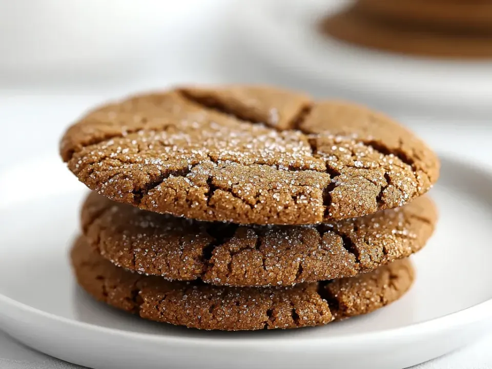 A stack of three thick dark-brown molasses cookies with heavily cracked crinkled tops and a coarse sugar coating on a white plate