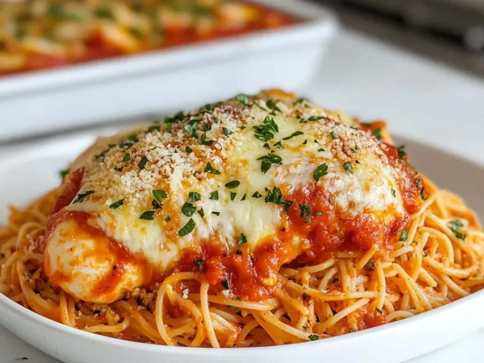 A whole breaded chicken breast under red marinara and melted white mozzarella with golden crumb showing, over spaghetti tossed in the same sauce in a white bowl
