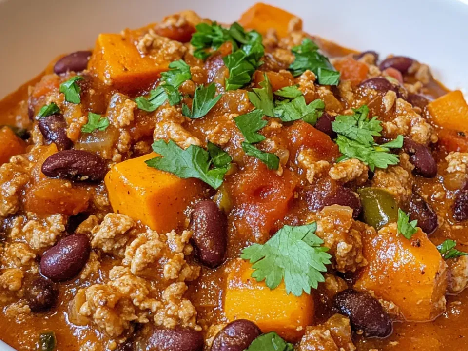 Bowl of turkey chili with sweet potato cubes, black and kidney beans and cilantro