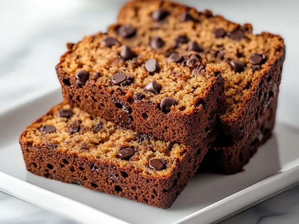 Two thick slices of dark gluten-free banana bread dense with chocolate chips on a white plate on marble