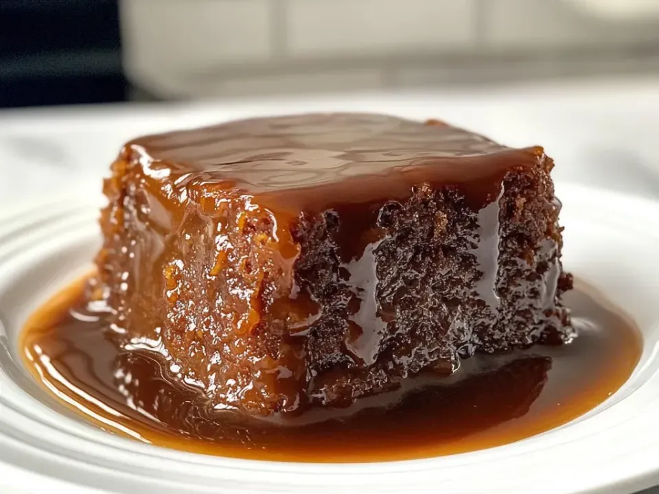 A dark square of sticky toffee sponge on a white plate with glossy dark toffee sauce poured over the top and pooling around the base