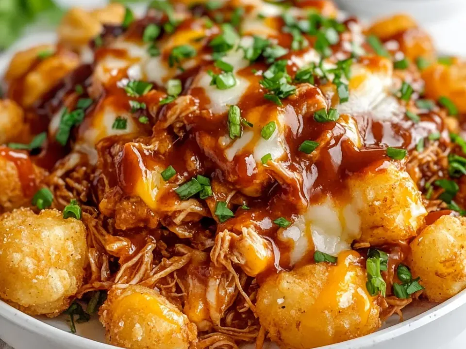 Golden crisp tater tots under pulled chicken in dark barbecue sauce with melted white and orange cheese and sliced spring onion, in a white bowl