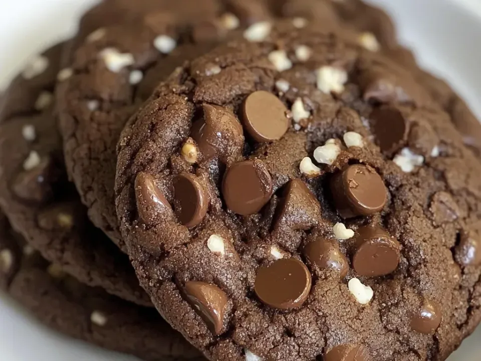 Thick dark chocolate cookies stacked on a white plate, studded with whole milk-chocolate chips and cracked at the edges