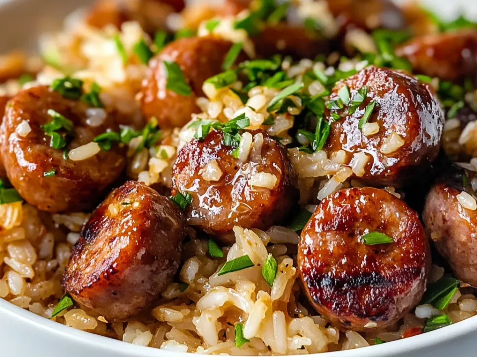 Browned smoked sausage coins over Cajun-seasoned rice in a white bowl, garnished with green onion