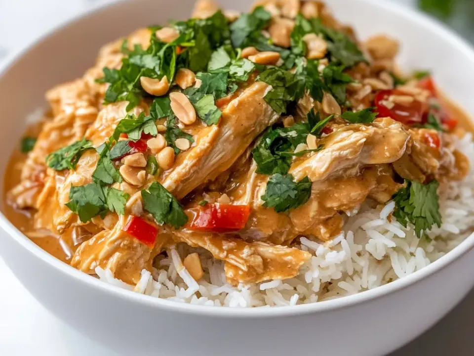 Shredded chicken in a thick peanut sauce with chopped peanuts, cilantro and sliced red pepper, served over white rice