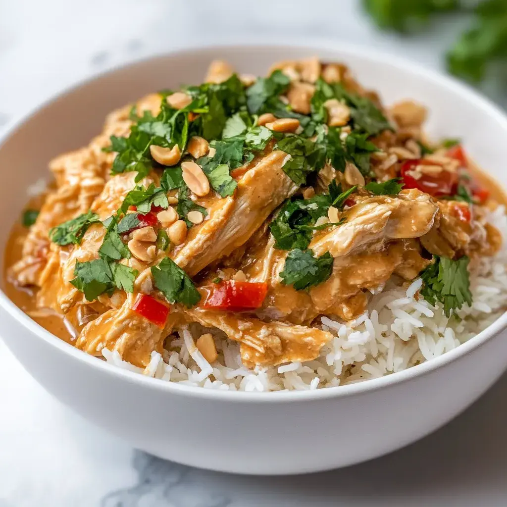 Shredded chicken in a thick peanut sauce with chopped peanuts, cilantro and sliced red pepper, served over white rice