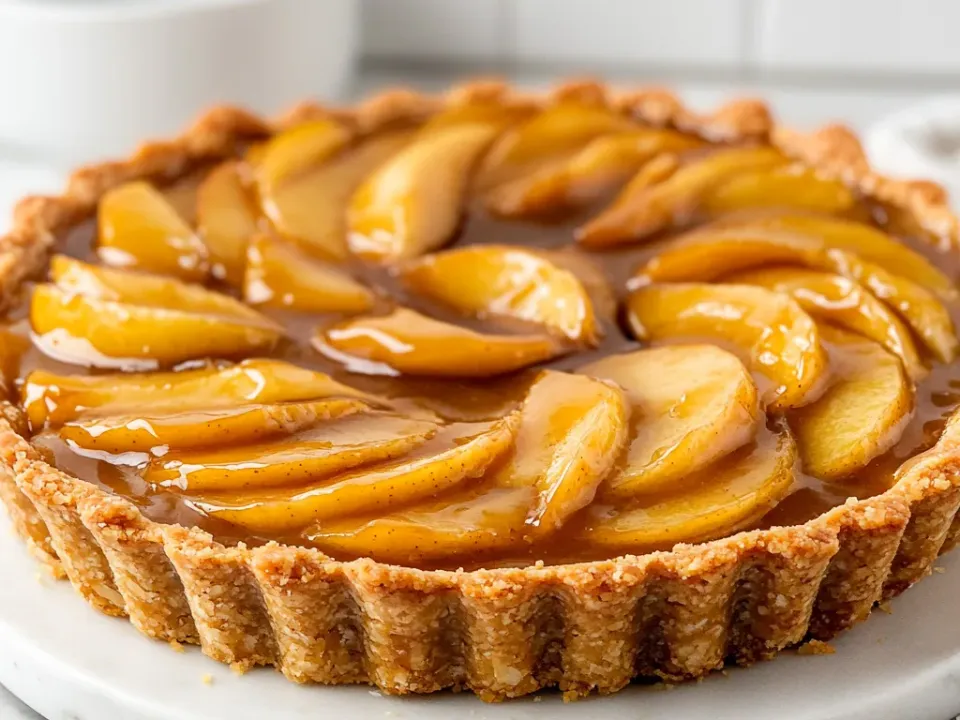 A round caramel apple tart with overlapping apple slices under a glossy caramel glaze in a pale almond crumb crust