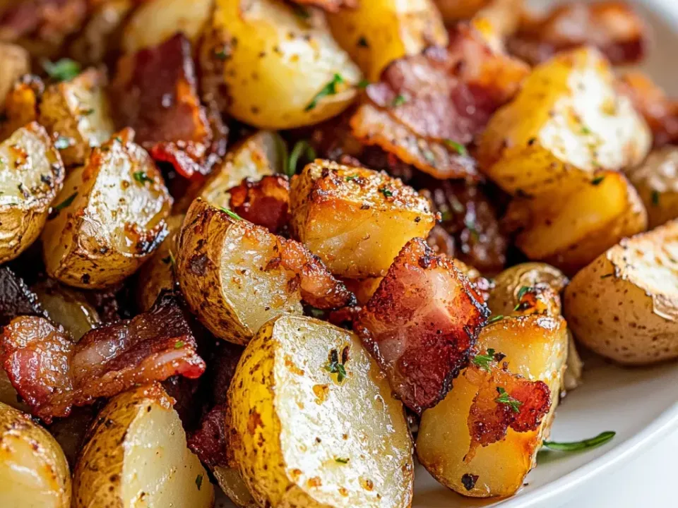 Halved skin-on baby potatoes roasted golden with crisp edges, tossed with large pieces of crisp bacon and chopped parsley on a white plate