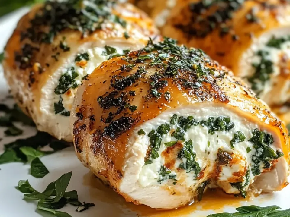 Golden seared chicken rolls with a green herb crust, one sliced to show a thick white ricotta filling flecked with green, on a plate with pan juices and parsley