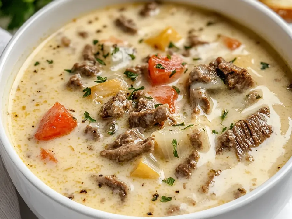 A white bowl of cream-coloured soup with chopped beef, red and yellow pepper pieces, onion and parsley, with bread behind