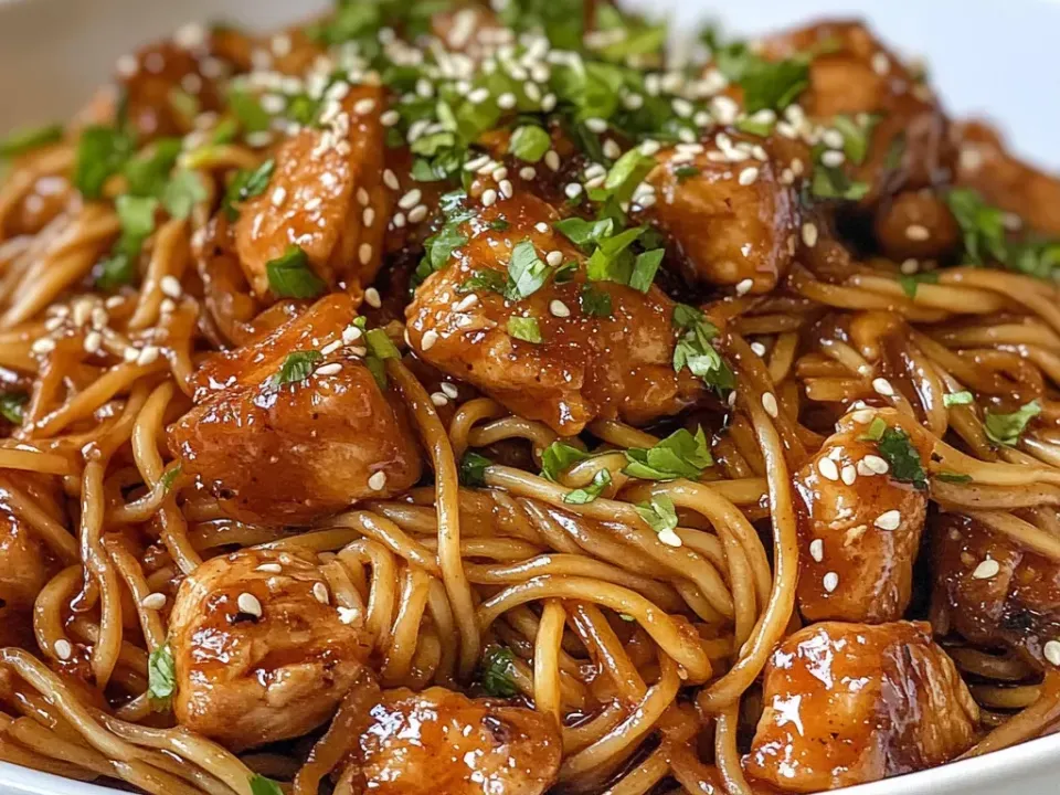 Golden-browned chicken pieces and long wheat noodles coated in a glossy dark brown sticky sauce, scattered with sesame seeds and chopped green herb in a white bowl