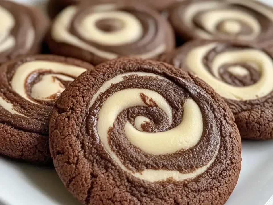 Round chocolate cookies with crackled tops, each with a pale cream-coloured dough swirled through in a spiral