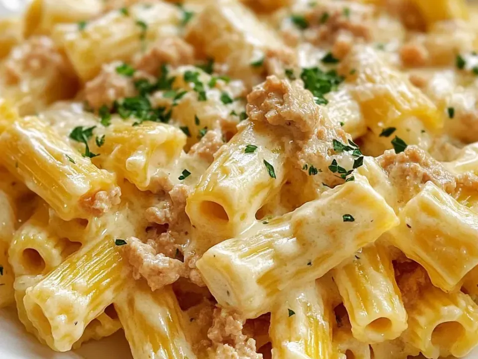 A white plate of rigatoni in a thick creamy white cheese sauce with pale browned crumbles, sprinkled with chopped parsley
