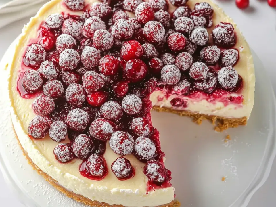 A cut round no-bake cheesecake on a thick golden biscuit base with a pale set filling, topped with whole cranberries in dark red jam and dusted with icing sugar, one slice removed