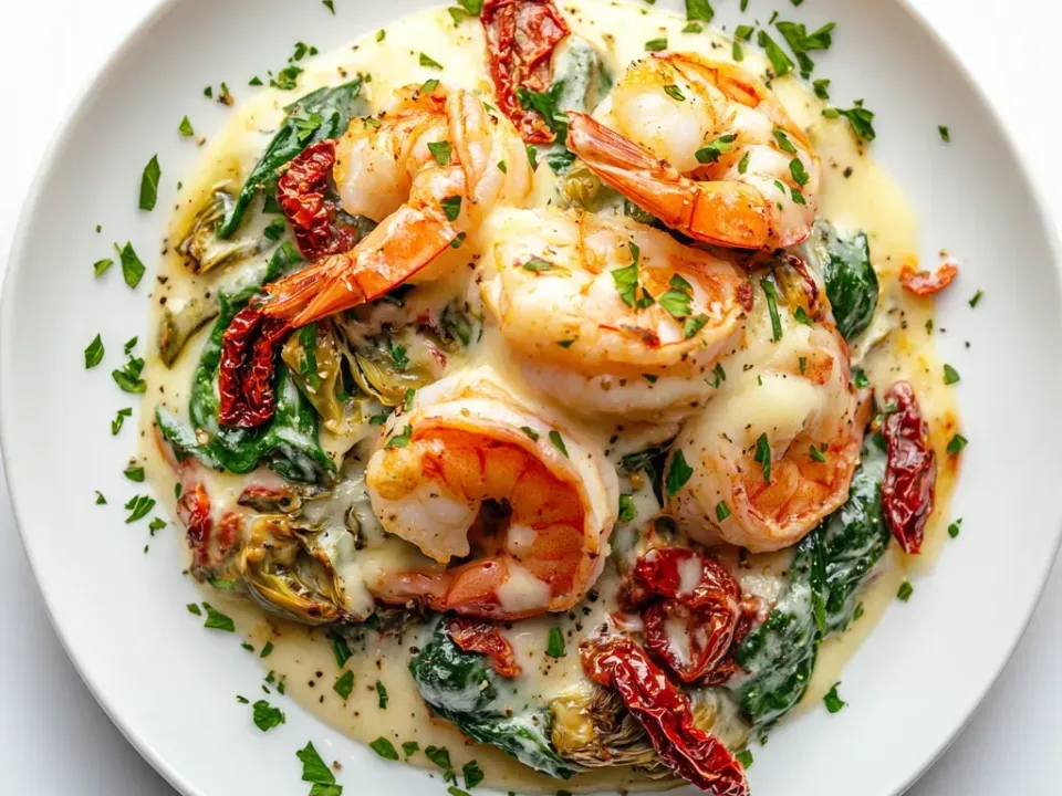 Large pink shrimp on a white plate in a pale ivory cream sauce with wilted spinach, sun-dried tomato pieces and quartered artichoke hearts, with parsley and coarse black pepper