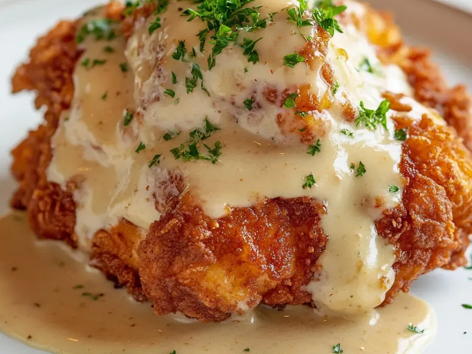 A thick craggy deep-fried chicken cutlet covered in pale creamy pepper gravy that pools on a white plate, finished with parsley