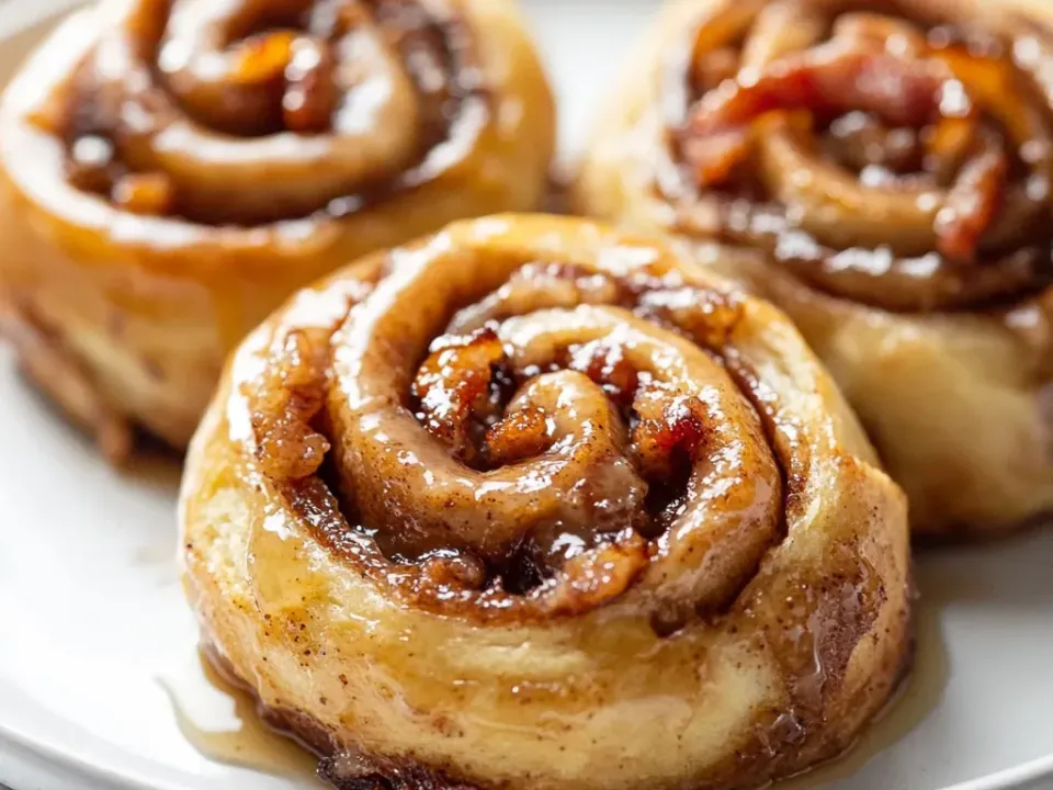 Three glossy cinnamon rolls on a white plate with open spirals showing pieces of cooked bacon baked inside, under a thin translucent maple glaze pooling on the plate