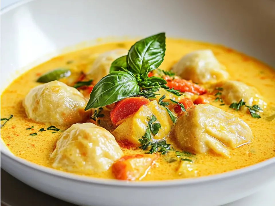 Pot of golden coconut curry soup with carrots and red pepper, topped with pale steamed drop dumplings and cilantro