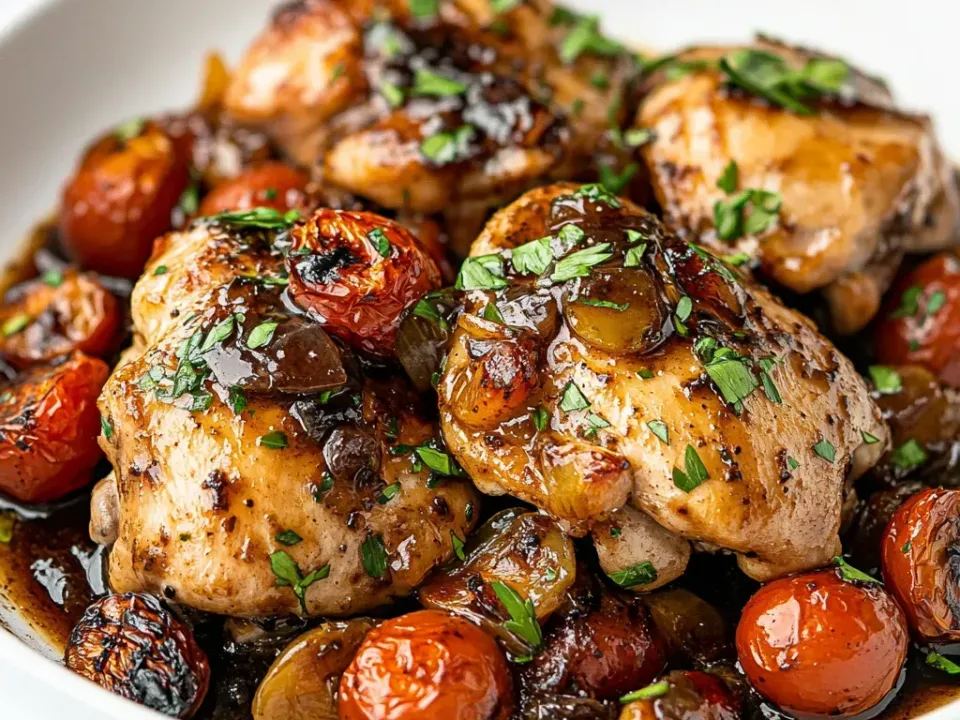 Golden-browned chicken thighs in a dark glossy balsamic glaze with blistered cherry tomatoes and whole pearl onions in a white bowl, scattered with parsley