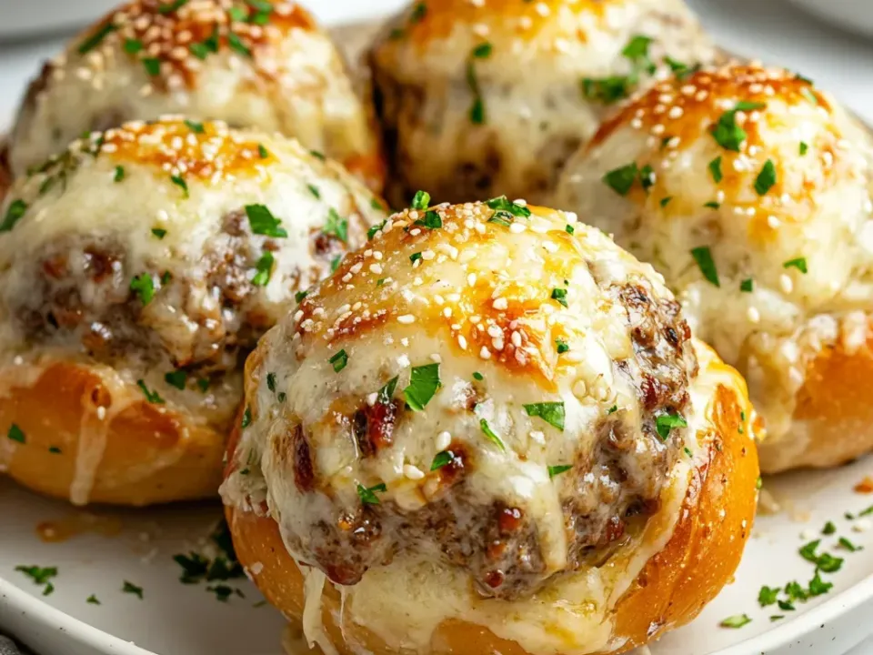 Round golden bread rolls split open at the top filled with browned crumbled ground beef under melted white cheese, glossy and scattered with sesame seeds, grated Parmesan and chopped parsley