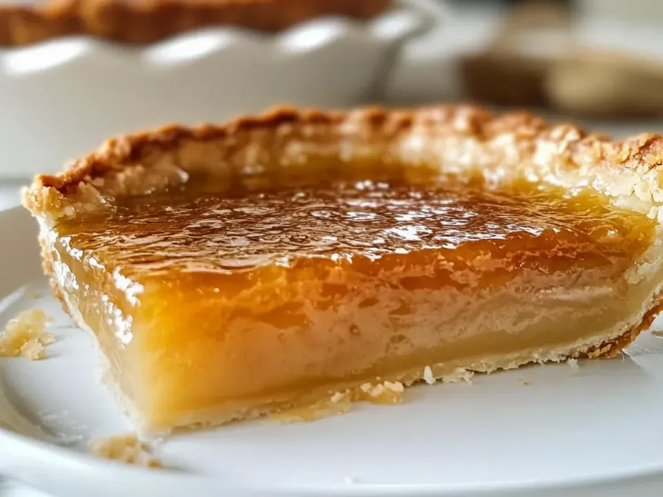 A single wedge of pie with a pale flaky short pastry crust and a smooth translucent amber custard filling with a glossy, slightly crackled surface on a white plate