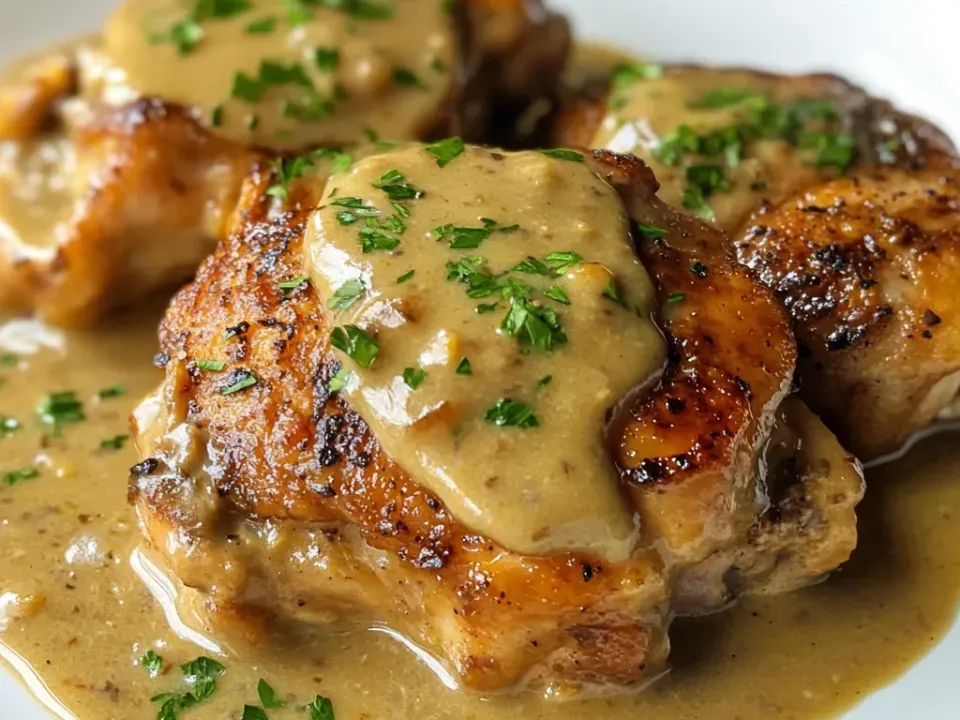 A white plate of pan-seared golden-brown chicken thighs smothered in a smooth creamy tan gravy with fine dark pepper specks, sprinkled with chopped parsley