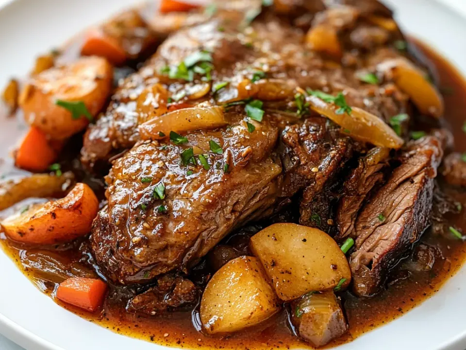 Sliced braised beef shoulder with carrots and onions in a dark cider pan sauce in a Dutch oven