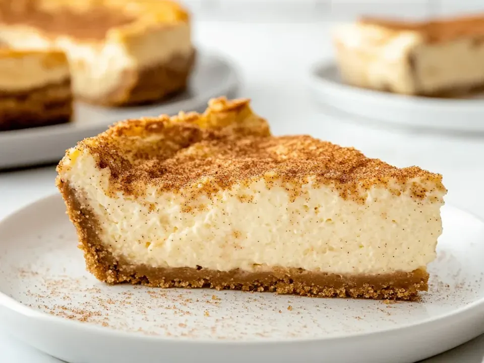 A slice of baked cheesecake with a pale dense set filling on a tan cookie crust, its top dusted generously with cinnamon-sugar, with the cut cake behind