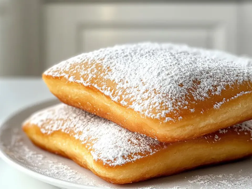 Two square puffed beignets with golden-tan sides stacked on a white plate under a heavy blanket of powdered sugar