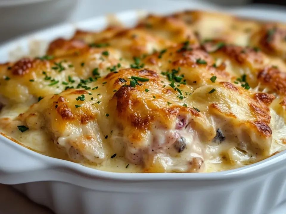 A fluted white baking dish of chicken pieces and diced pink ham in a creamy pale sauce under melted, browned Swiss cheese with chopped parsley