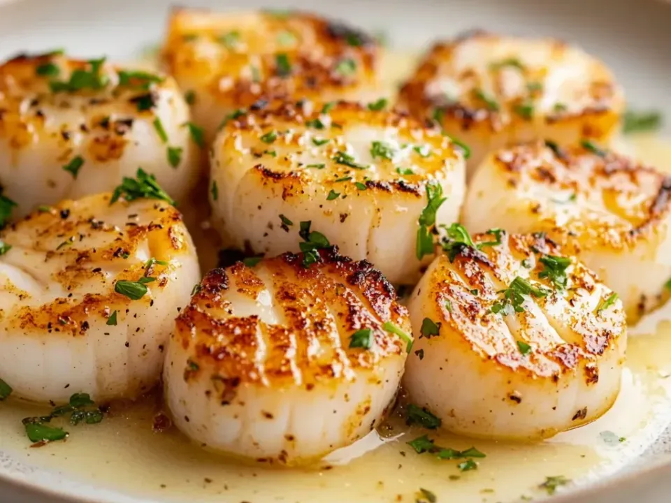 Eight large seared sea scallops with deep golden tops in a thin pale-golden butter sauce, scattered with chopped parsley and cracked black pepper on a white plate