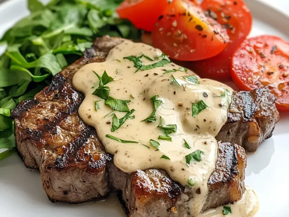 A whole seared steak with dark grill marks under a thick pale Parmesan cream sauce on a white plate, with dressed rocket and fresh tomato wedges alongside