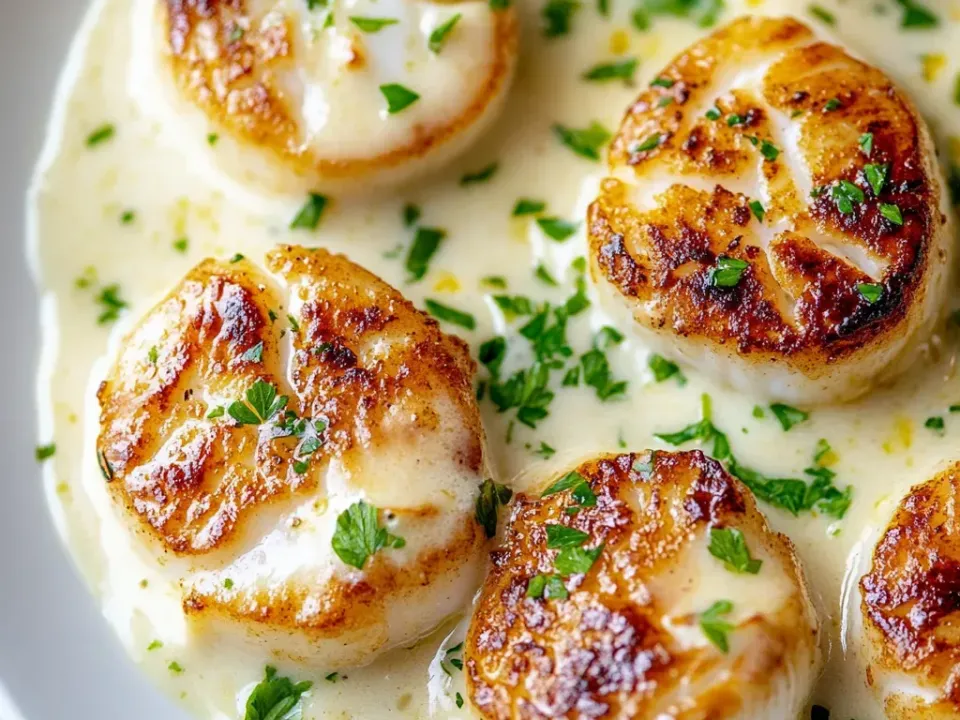 Seared sea scallops with dark caramelised crusts in a thick pale ivory cream sauce flecked with chopped parsley and yellow lemon zest