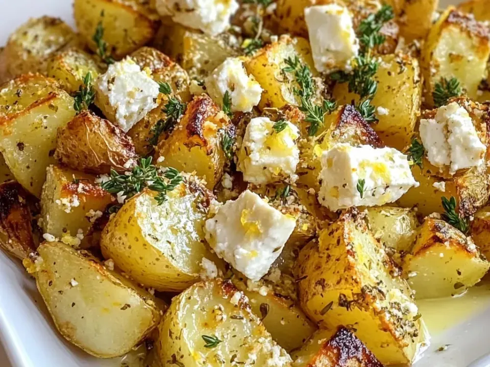 Roasted potato chunks with crisp golden edges on a white platter, scattered with cubes of feta, fresh thyme and lemon oil