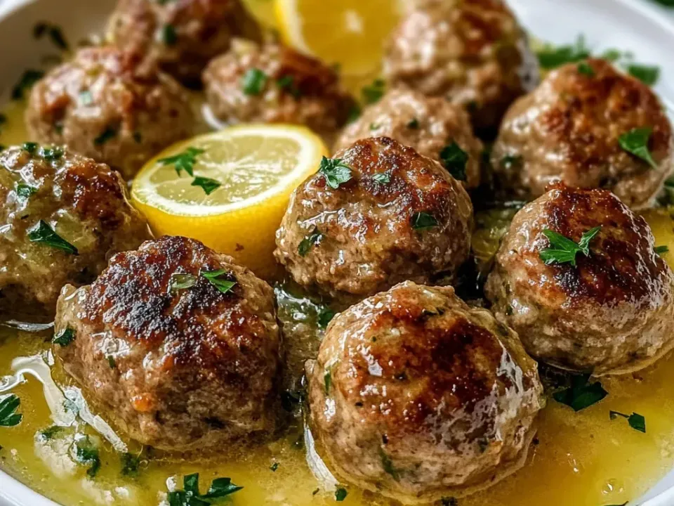 Browned meatballs in a thin bright-yellow lemon sauce with lemon slices and chopped parsley in a white bowl, with flatbread behind