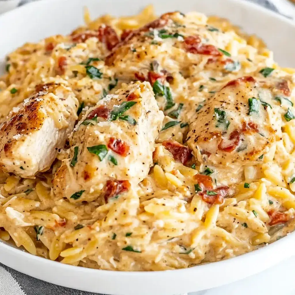 Pieces of chicken and orzo in a creamy sauce with chopped sun-dried tomato and wilted spinach, dusted with grated Parmesan