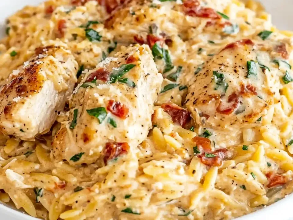Pieces of chicken and orzo in a creamy sauce with chopped sun-dried tomato and wilted spinach, dusted with grated Parmesan