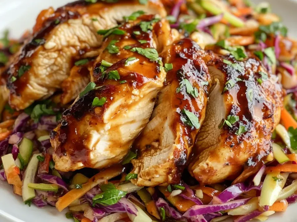 Sliced apple cider chicken in a glossy pan sauce over a crisp apple and cabbage slaw