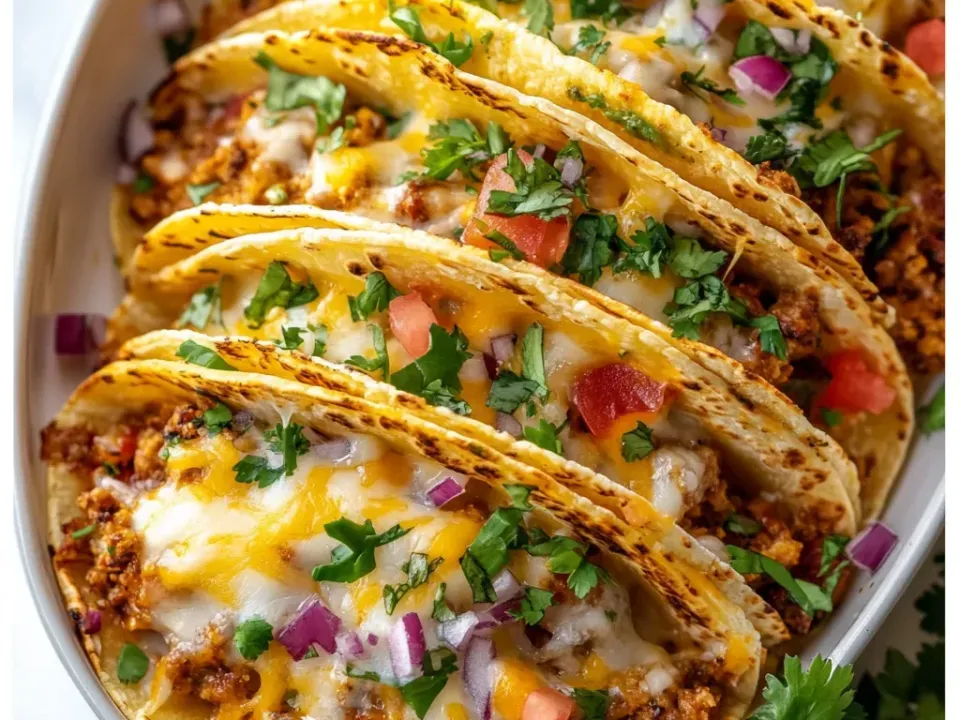 A baking dish of crisp hard-shell tacos standing upright, filled with seasoned ground beef and melted cheddar, topped with diced tomato, red onion and cilantro