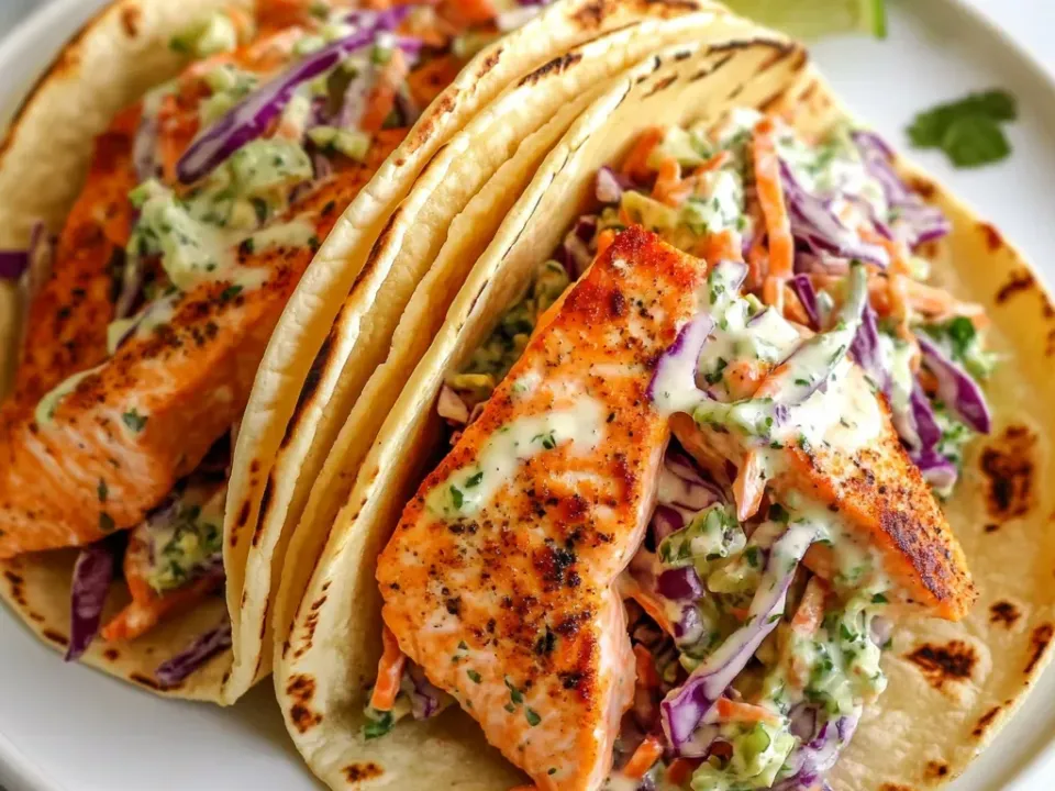 Two charred flour tortillas filled with paprika-seasoned salmon chunks and a creamy purple and green cabbage and carrot slaw, with a lime wedge and cilantro